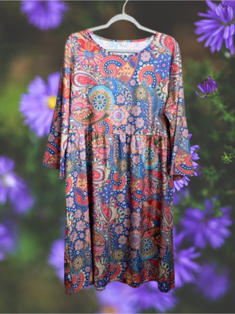 Cute psychedelic print colorful dress w/ slight bell sleeve sz XL